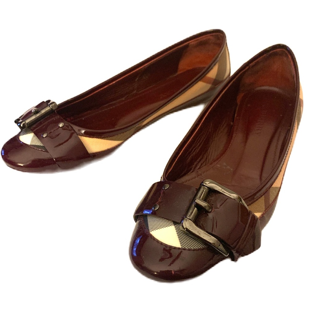 Authentic BURBERRY Beige Nova Check Canvas Patent Leather Shoes Size 38.5